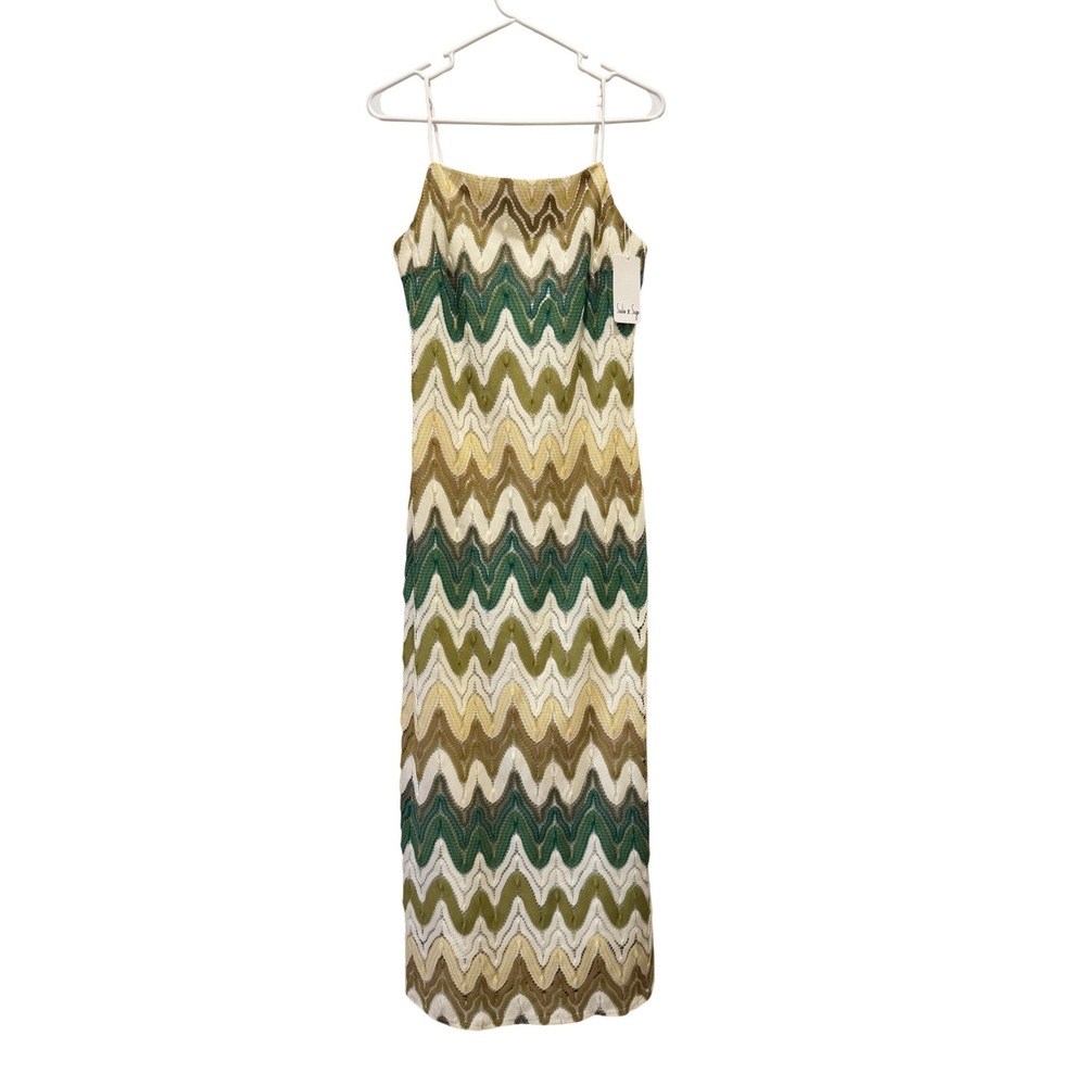 NEW Sadie & Sage The Tides Maxi Dress Green Chevron Crochet Spaghetti Strap L